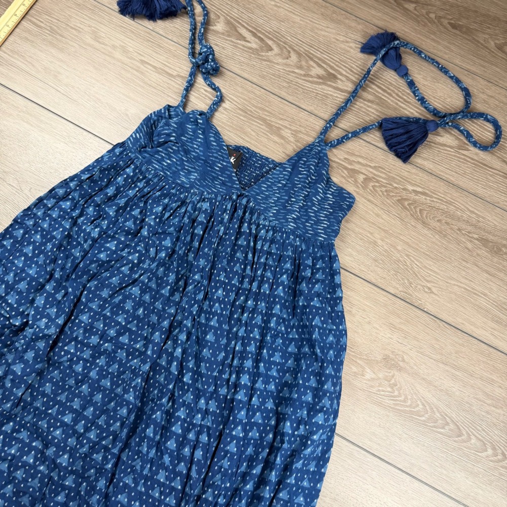Seema Kahai Womens Maxi Dress Cotton Tassel Tie Smocked Indigo Blue Small